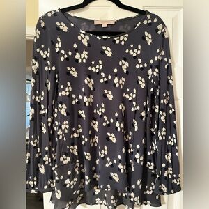LOFT Dark Blue and Cream Patterned Blouse